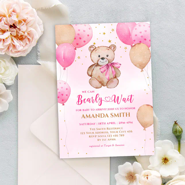 Teddy Bear Pink Balloon Bearly Wait Baby Shower Invitation | Zazzle