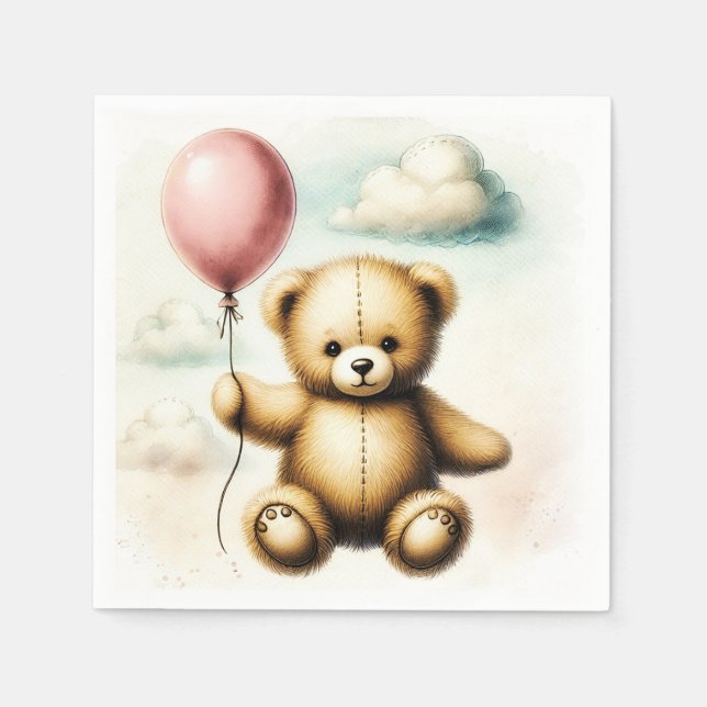 Teddy Bear Pink Balloon Bearly Wait Baby Shower  Napkins (Front)