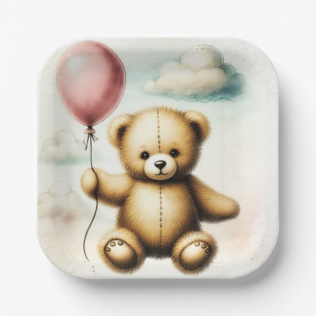 Teddy Bear Pink Balloon Bearly Wait Baby Shower  Paper Plates (Front)