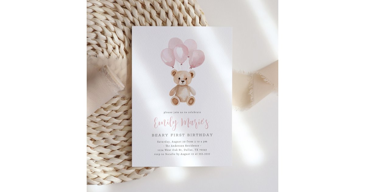 Teddy Bear Pink Balloon Beary First Birthday Invitation | Zazzle