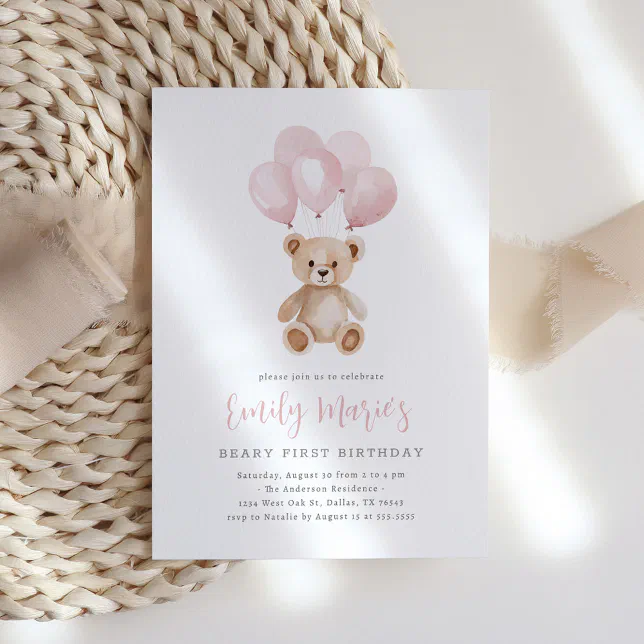 Teddy Bear Pink Balloon Beary First Birthday Invitation | Zazzle