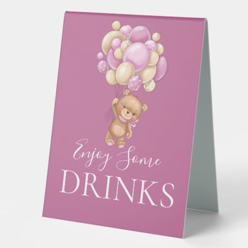 Teddy Bear Pink Balloon DRINKS Table Tent Sign