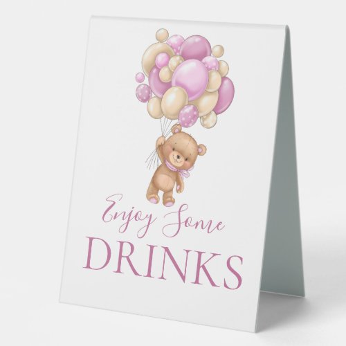 Teddy Bear Pink Balloon DRINKS Table Tent Sign