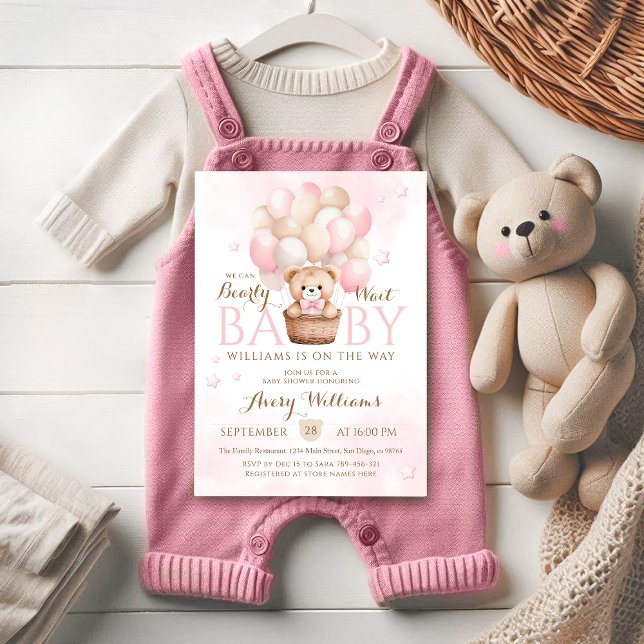 Teddy Bear Pink Balloon Girl Baby Shower  Invitation (Creator Uploaded)