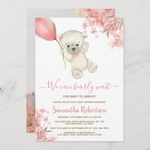 Teddy Bear Pink Balloon Girl Baby Shower Photo Invitation
