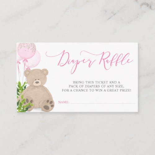 Teddy Bear Pink Balloon Greenery Diaper Raffle Enclosure Card