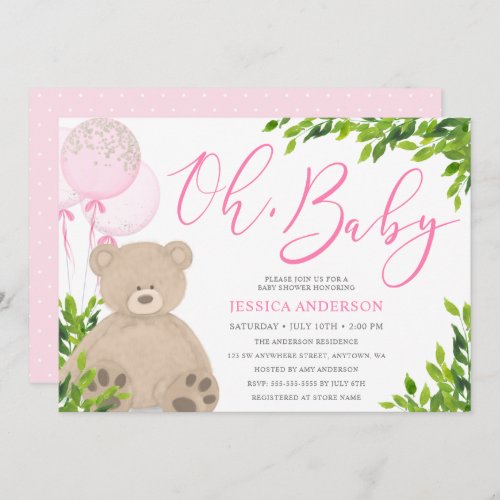 Teddy Bear Pink Balloon Greenery Girl Baby Shower Invitation