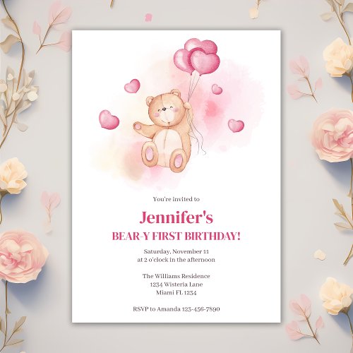 Teddy Bear Pink Balloons 1st Birthday Party Invitation