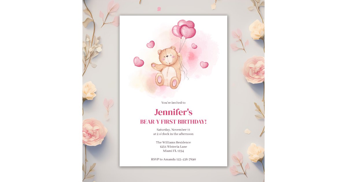 Teddy Bear Pink Balloons 1st Birthday Party Invitation | Zazzle