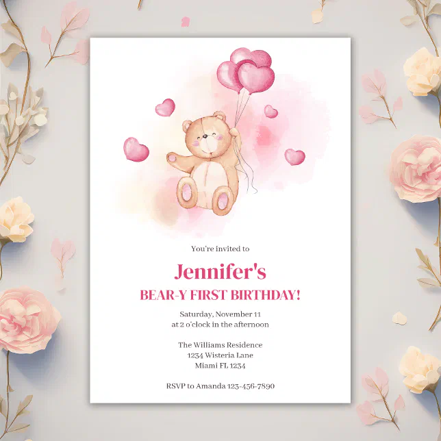 Teddy Bear Pink Balloons 1st Birthday Party Invitation | Zazzle