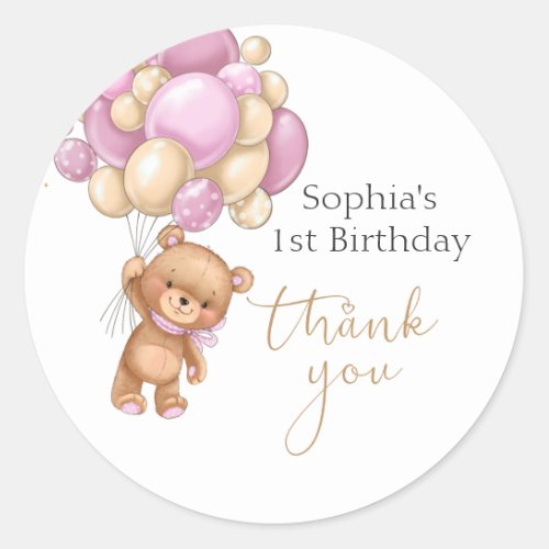 Teddy Bear Pink Balloons 1st Birthday Thank You Classic Round Sticker