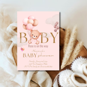 Teddy Bear Pink Balloons Baby Girl Baby Shower Invitation