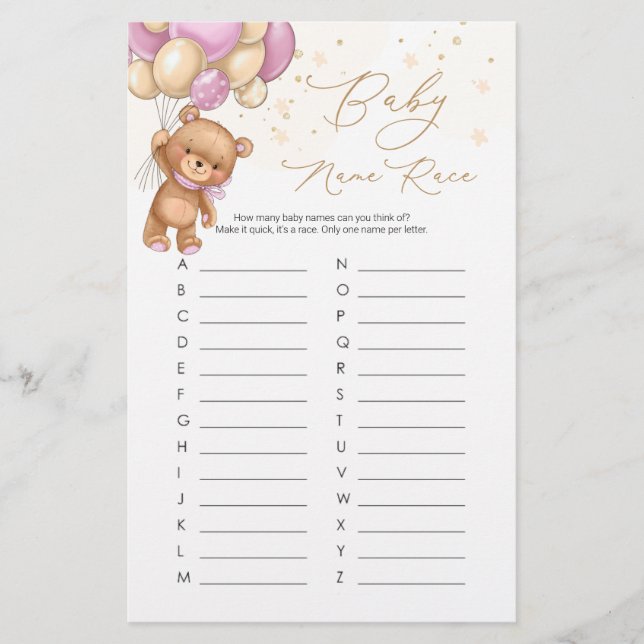 Teddy Bear Pink Balloons Baby Name Race Game (Front)