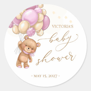 Teddy Bear Pink Balloons Baby Shower Classic Round Sticker