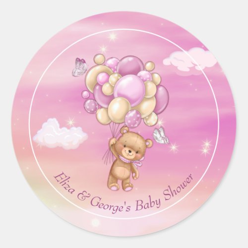 Teddy Bear Pink Balloons Baby Shower Classic Round Sticker