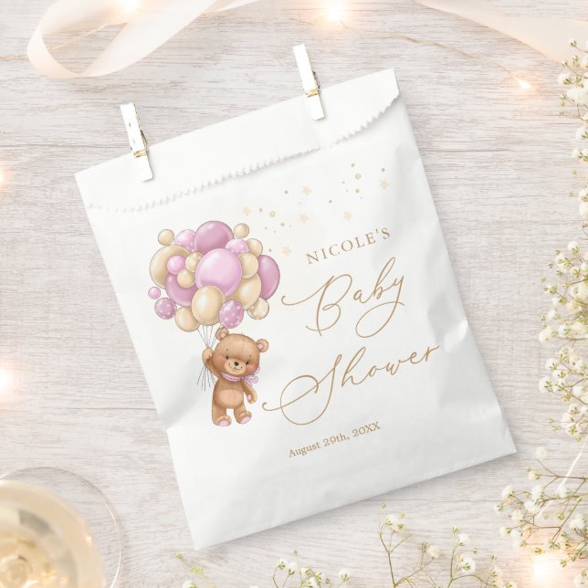 Teddy Bear Pink Balloons Baby Shower  Favor Bag (Clipped)