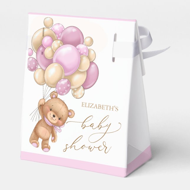 Teddy Bear Pink Balloons Baby Shower Favor Box (Back Side)