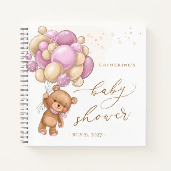 Teddy Bear Pink Balloons Baby Shower Guest Book by IrinaFraser at Zazzle