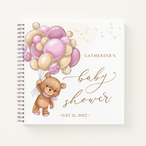 Teddy Bear Pink Balloons Baby Shower Guest Book