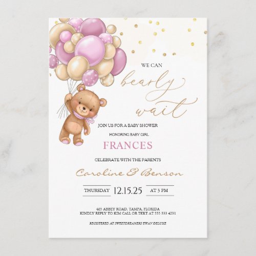 Teddy Bear Pink Balloons Baby Shower Invitation