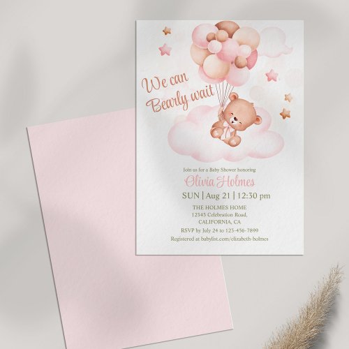 Teddy Bear  Pink Balloons Baby Shower Invitation