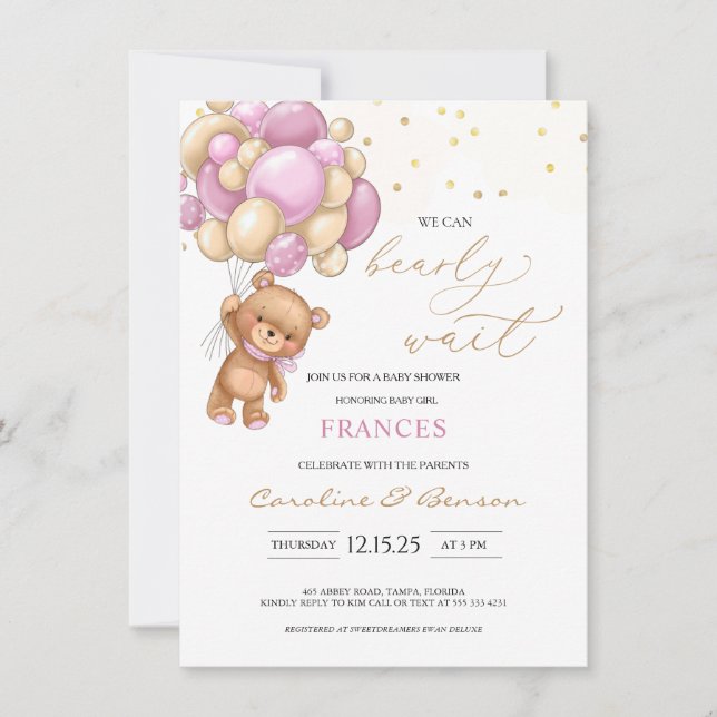 Teddy Bear Pink Balloons Baby Shower Invitation (Front)