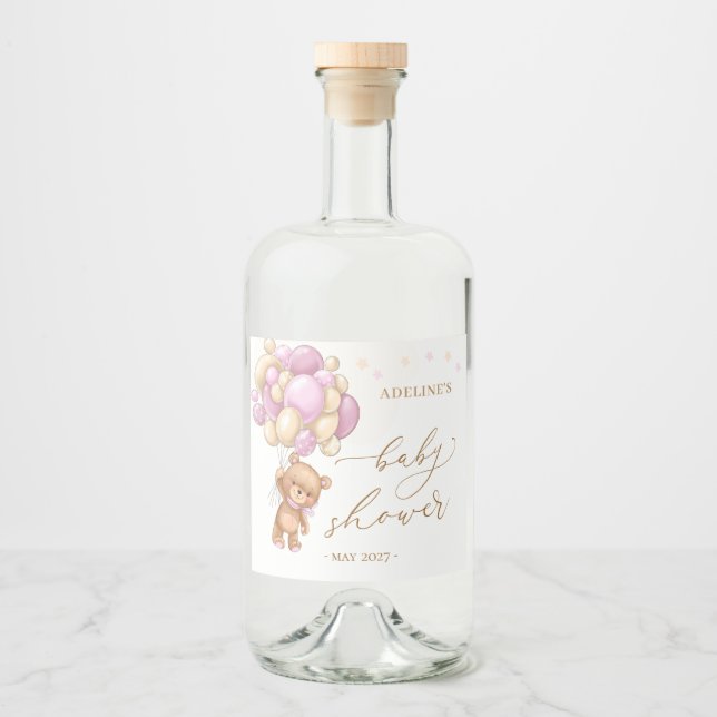 Teddy Bear Pink Balloons  Baby Shower Liquor Bottle Label (Front)