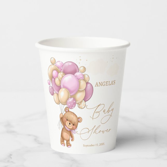 Teddy Bear Pink Balloons Baby Shower  Paper Cups (Front)