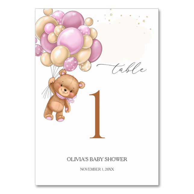 Teddy Bear Pink Balloons Baby Shower Table Number (Front)