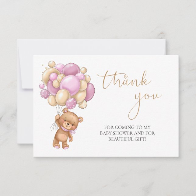 Teddy Bear Pink Balloons Baby Shower Thank You (Front)