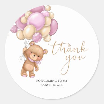 Teddy Bear Pink Balloons Baby Shower Thank You  Classic Round Sticker by IrinaFraser at Zazzle