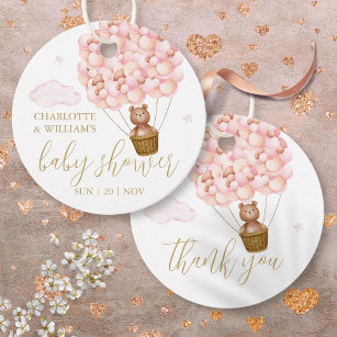 Teddy Bear Pink Balloons Baby Shower Thank You Favor Tags