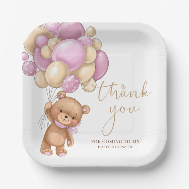 Teddy Bear Pink Balloons Baby Shower Thank You   Paper Plates (Front)