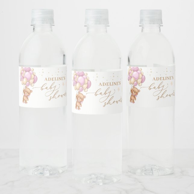 Teddy Bear Pink Balloons  Baby Shower Water Bottle Label (Bottles)
