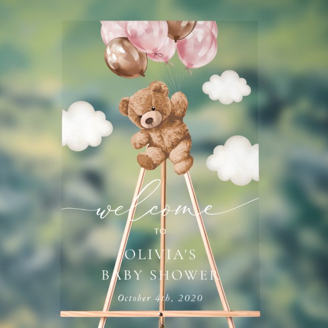 Teddy Bear, Pink Balloons, Baby Shower Welcome Acrylic Sign (Neutral)