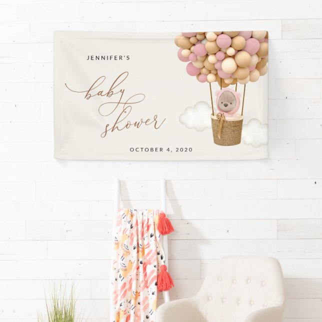 Teddy Bear, Pink Balloons, Baby Shower Welcome Banner (Insitu)