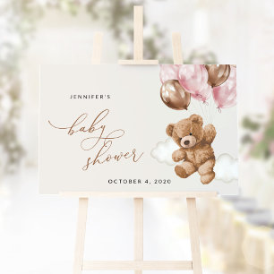 Teddy Bear, Pink Balloons, Baby Shower Welcome Sign
