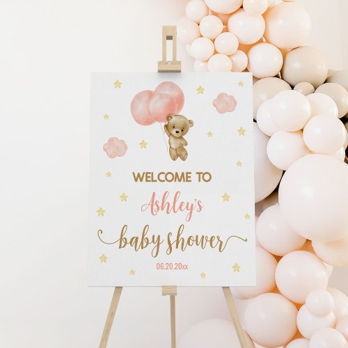 Teddy Bear Pink Balloons Baby Shower Welcome Sign