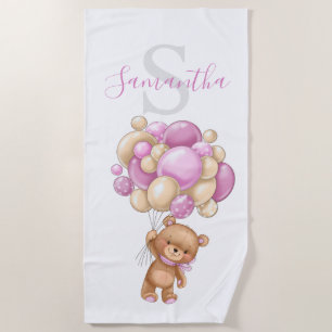 Teddy Bear Pink Balloons beach towel for kids