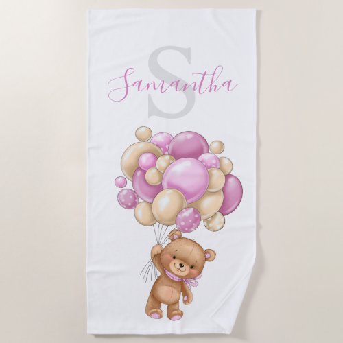 Teddy Bear Pink Balloons beach towel for kids 