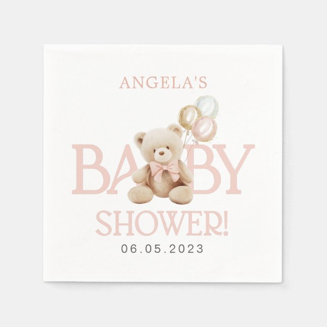 Teddy Bear Pink Balloons Bearly Wait Baby Shower Napkins (Front)