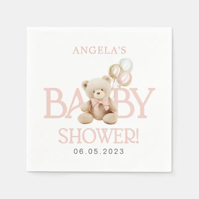 Teddy Bear Pink Balloons Bearly Wait Baby Shower Napkins | Zazzle