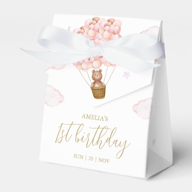 Teddy Bear Pink Balloons Birthday Party Favor Boxes (Front Side)