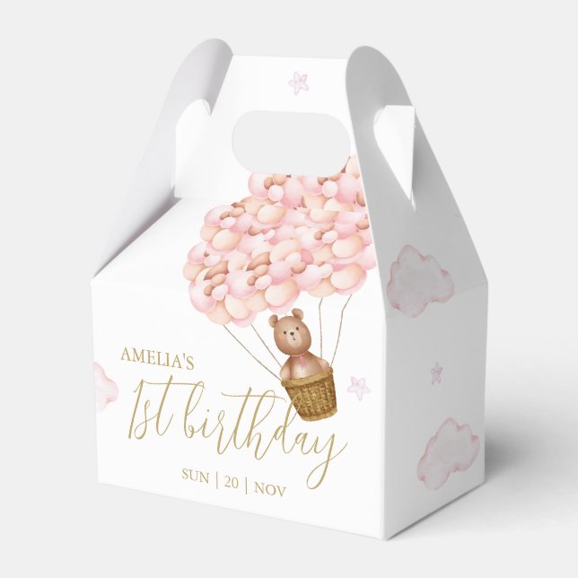 Teddy Bear Pink Balloons Birthday Party Favor Boxes (Front Side)