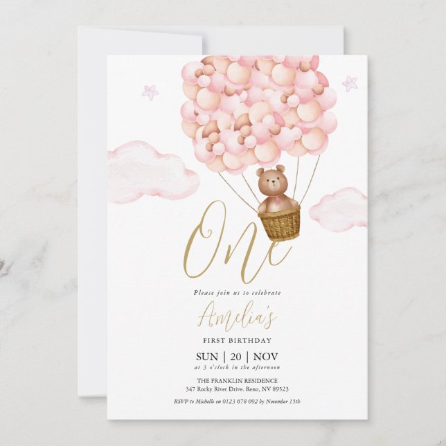 Teddy Bear Pink Balloons Birthday Party Invitation (Front)