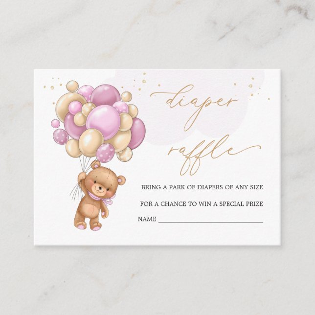 Teddy Bear Pink Balloons Diaper Raffle  Enclosure Card (Front)