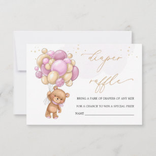 Teddy Bear Pink Balloons Diaper Raffle  Invitation