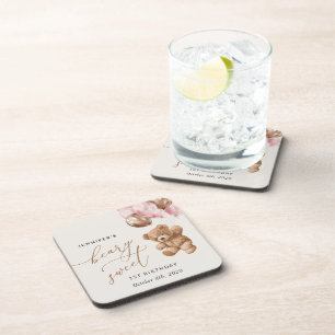Teddy Bear, Pink Balloons, First Birthday Beverage Coaster
