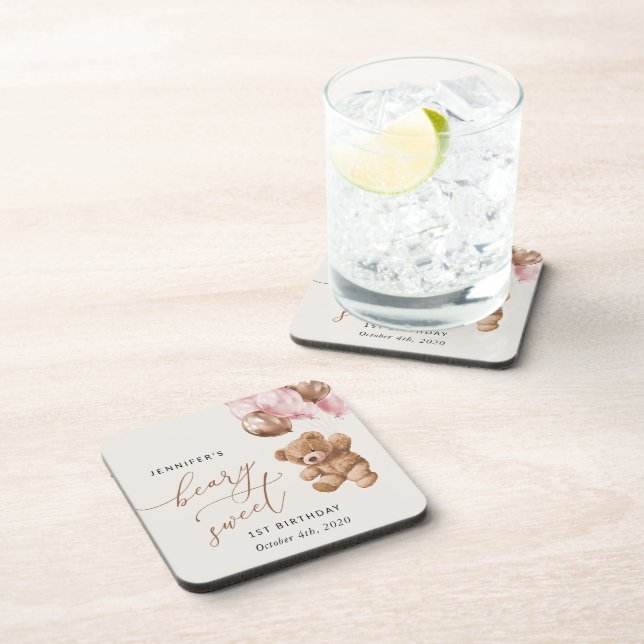 Teddy Bear, Pink Balloons, First Birthday Beverage Coaster (Right Side)