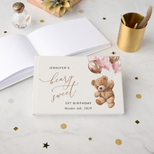 Teddy Bear, Pink Balloons, First Birthday Guest Book